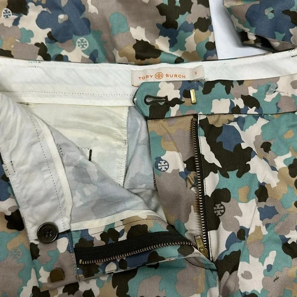 Tory Burch Dress Pants Floral Camouflage Colorful Cotton Stretch Logo Size 8 - Picture 9 of 12